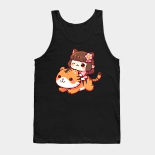 Cute Japanese Cat Riding on A Cute Tiger Tank Top